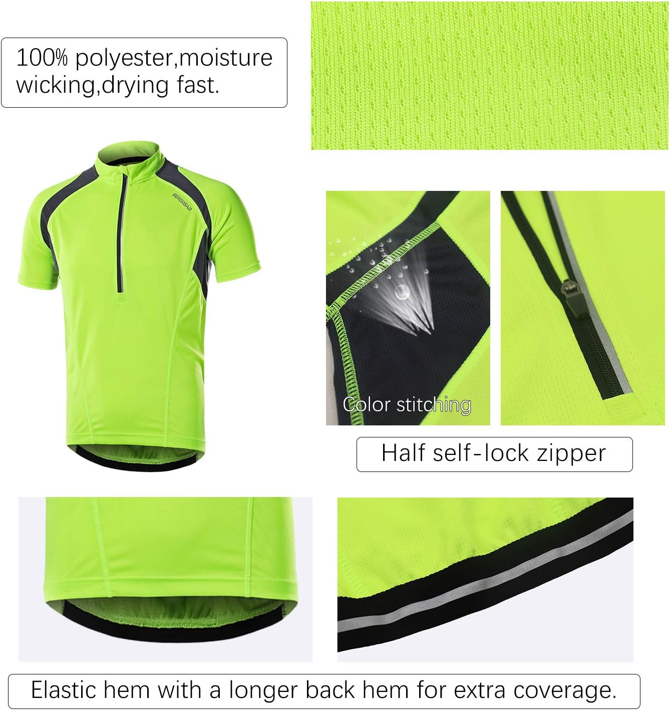 BERGRISAR Men's Half Zipper Cycling Jersey Short Sleeves Bike Bicycle Shirts with Zipper Pocket Quick-Dry Breathable BG060